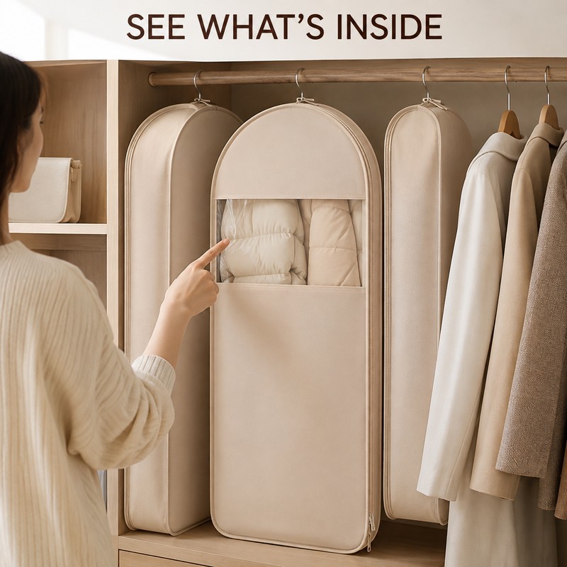 Beige Compression Hanging Garment Bag with Vacuum Seal and Clear