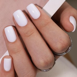 Hrnsnails White Press On Nails, Short Square Glue On Nails with Glossy Designs, Reusable Soft Gel False Nails