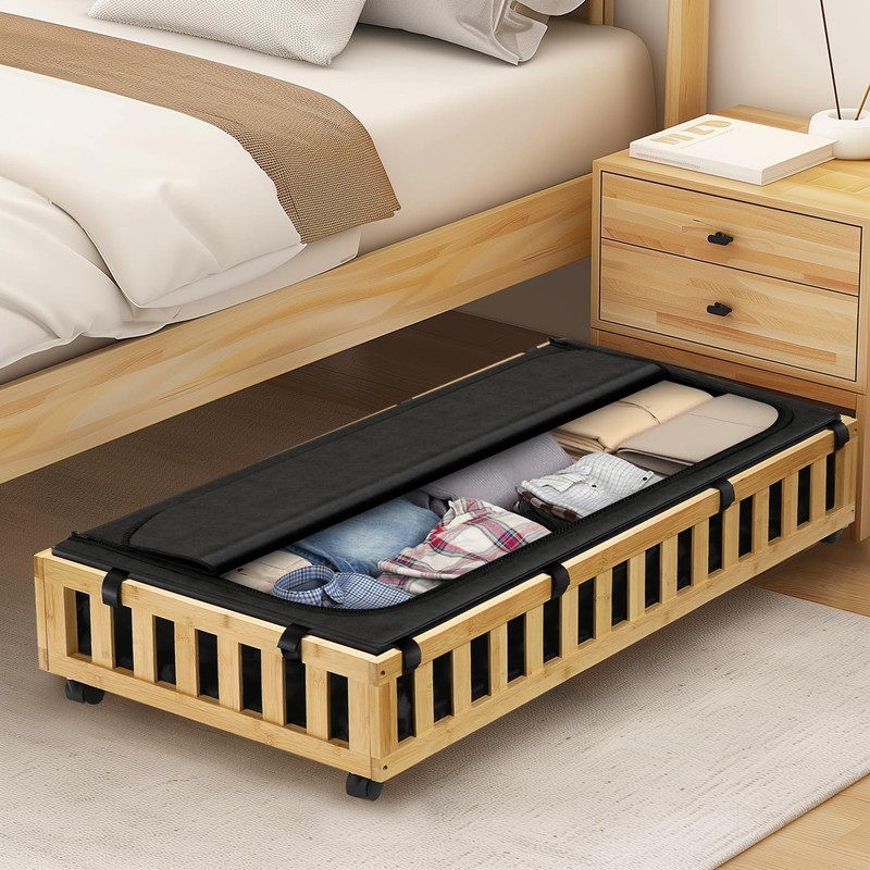 Gashell 2 Pack Bamboo Under Bed Storage with Wheels, 39”x20”x7.8”