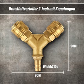 LAIWOO Compressed Air Distributor Double with Couplings, 1/4 Inch Air Hose Quick Coupling Distributor, Brass Coupling Plug with Male Thread NW 7.2 Compressed Air Y Distributor