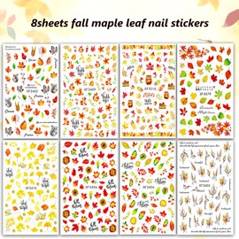 8 Sheets Maple Leaf Nail Sticker Fall Nail Art Sticker Decal 3D Self-Adhesive Maple Leaf Design for Acrylic Nail Thanksgiving Manicure Decor Nail Art Supplies for Woemen Girls