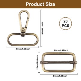 Pack of 20 Rotating Carabiner Hooks, Bag Accessories for Sewing, Key Chain D-Rings, Metal Buckles Sliders, for Bags, Purse, Key Fob and Dog Collars, DIY Accessories (Bronze), bronze