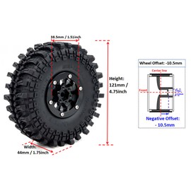 HOBBYSOUL 4pcs -10.5mm Negative Offset 1.9 Beadlock Wheels and Tires, 121mm Tall 1.9'' tyre and Rims for 1/10 RC Mud Crawler SCX10 TRX4 Gen8 Upgrades