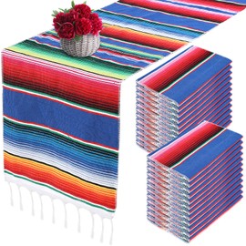 24 Pcs Mexican Serape Table Runner Handwoven Fringe Cotton Serape Blanket Table Runners, Colorful Mexican Stripe Table Runner for Mexican Party Decorations Fiesta Party, 14 x 84 Inches (Royalblue)