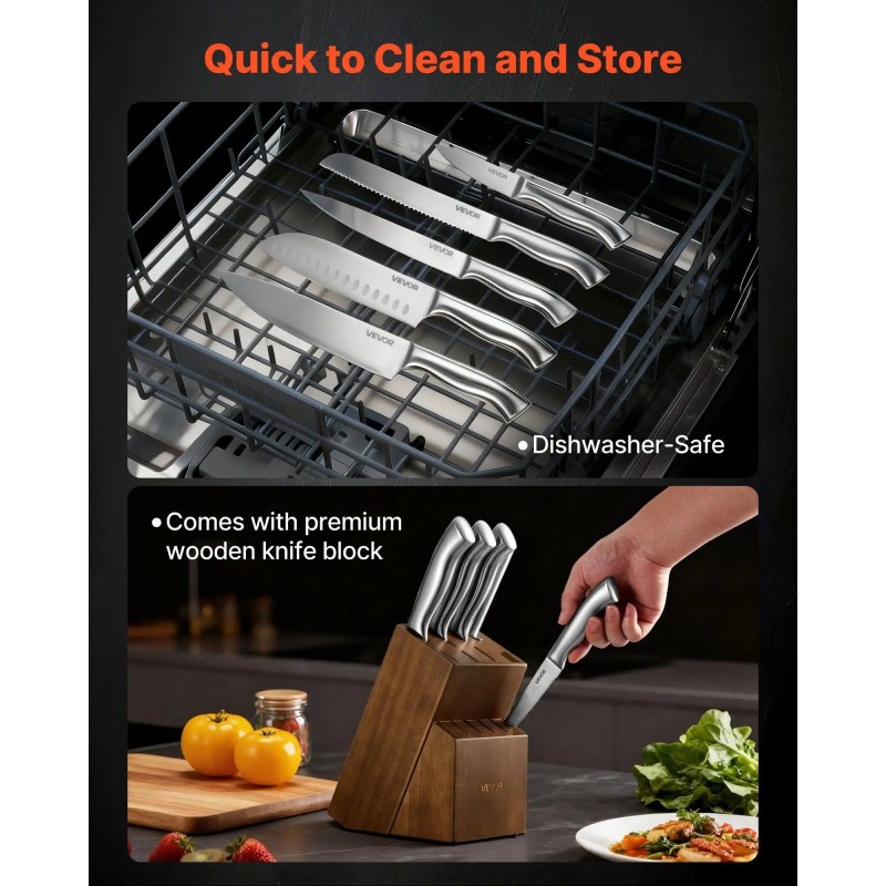 15-Piece Stainless Steel Kitchen Knife Set Wooden Block Ergonomic Handle