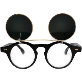 Steampunk Retro Gothic Vintage Hippie Colored Metal Round Circle Frame Sunglasses Colored Lens OWL (FlipUP_C10_Blk_Yell_Mirror, PC Lens)