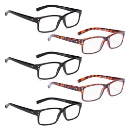 LUR READING GLASSES 5 Pack Spring Hinge Comfort Plastic Readers (3 Balck+2 Tortoise)