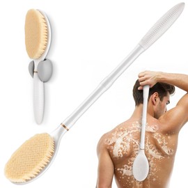 GEENOA New Back Scrubber for Shower, 18.9‘’ Anti-Slip Corn-Handle Shower Back Scrubber with Dual-Side Head Soft Bristles, Adjustable Shower Brush Bath Brush for Lathering Cleansing(White-L)