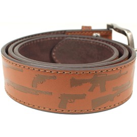 Firearms Pattern Leather Belt Strap and Metal Buckle 1.5" Wide with Snaps - Handgun Rifle Shotgun Guns 2nd Amendment (Brown-XL)