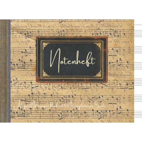 Notenheft A5 quer, Notenpapier block mit 6 Notensysteme pro Seite: