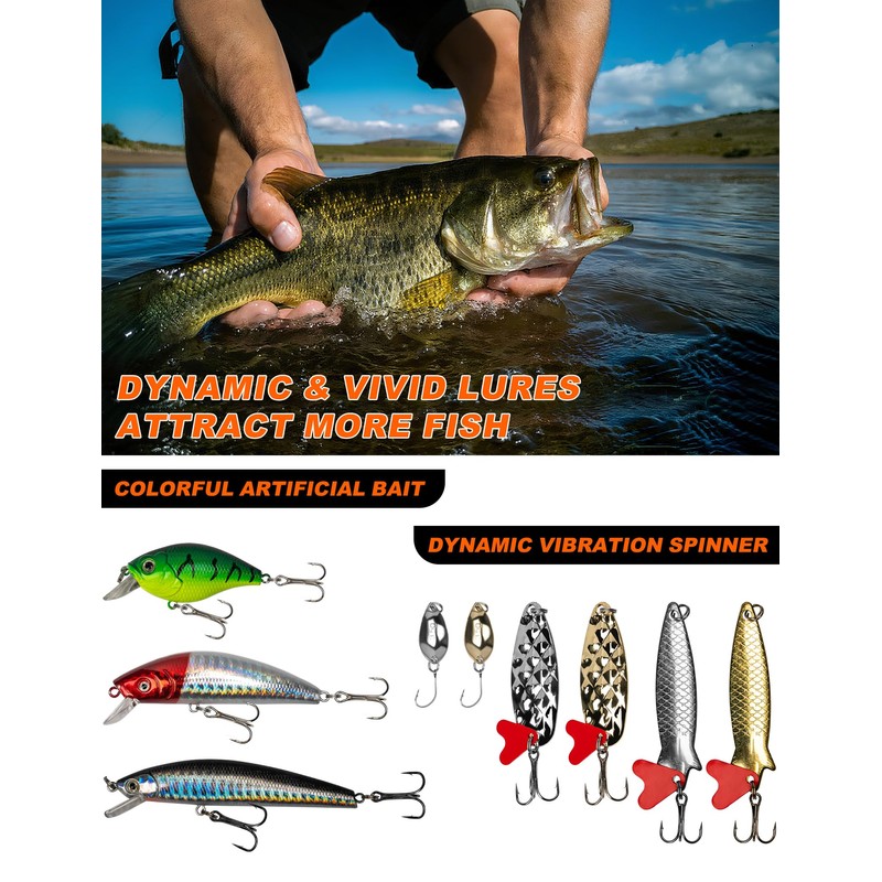 pullther 380 Pcs Fishing Lure Mixed Set, Including Spinner, Casting