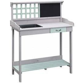 CHARMMA Outdoor Wooden Potting Bench Table with Removable Sink, Garden Work Bench with Chalkboard, Drawer, Open Shelf Storage, Light Gray