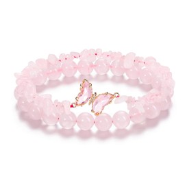 2-piece Crystal Bracelet Ladies Butterfly beaded Jewel beaded bracelet, relieving stress Energy Jewel Crystal beaded bracelet, lucky gift (Pink)