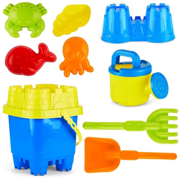 PREXTEX 10 Piece Beach Sand Toys Set for Kids - Bucket with Sifter, Shovel, Rake, Watering Can, 5 Animal and Castle Sand Molds for Kids & Toddlers - Sand Buckets & Shovels for Kids, Beach Toy Set