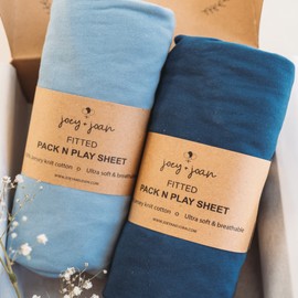 Joey + Joan Pack and Play Sheets Fitted C Compatible with 4moms Breeze Plus Playard and Other Large Playpen Mattress C Snuggly Soft 100% Jersey Cotton C Dusty Blue + Navy C 2 Pack