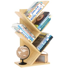 SHEEPAM 5 Tier Tree Book Shelf, Small Desktop Bookshelf with Storage Organizer, Wood Bookcase, Desk Display Bookshelves, Floor Standing Organizer Bookcases for Living Room,Bedroom,Office-Natural