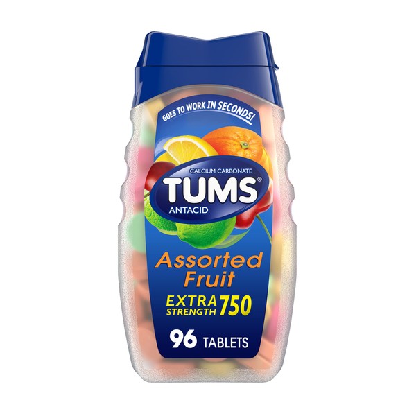 TUMS Extra Strength Antacid Tablets for Chewable Heartburn Relief and Acid Indigestion Relief, Assorted Fruit Flavors - 96 Count