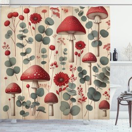 ABAKUHAUS Rustic Shower Curtain, Scandinavian Floral Woodland Mushrooms with Sage Green Eucalyptus Branches, Cloth Fabric Bathroom Decor Set with Hooks, 78 Inches, Champagne Dark Coral