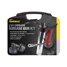 Workforce MEGA POWER 12V Battery Operated Grease Gun, 30 in. Flexible Extension, 1 Hour Quick-Charger, Two 12V Batteries, Shoulder Strap - L1380