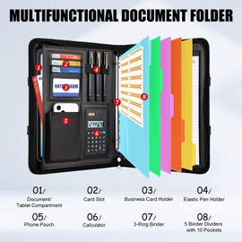 NATISERAUM Portfolio Organizer - 3 Ring Binder with Handle, Vegan Leather Business Padfolio Folder with Notepad, Includes 5 Dividers with 10 Pockets for Documents Files