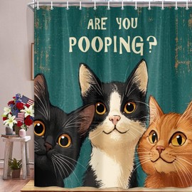 JAWO Funny Cat Vintage Shower Curtain, are You Pooping Curious Kitty Fun Whimsical Shower Curtains, Fancy Humor Cat Polyester Fabric Dark Green Bathroom Curtain with 12 Hooks Bathroom Signs Decor