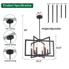 GYNAZIX Dining Room Light Fixture, Modern Black Chandelier Farmhouse Metal Pendant Light for Foyer Enteyway Living Room Kitchen Island, 6 Wrought Iron Lights E12 Bulbs, Height Adjustable, 21.2 inch