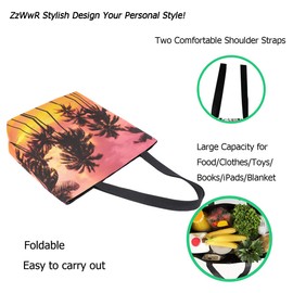 ZzWwR 3d Beautiful Tropical Sunset Beach Palm Trees Print Extra Large Canvas Beach Travel Reusable Grocery Shopping Tote Bag Portable Storage HandBag