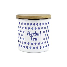 Purely Home Indigo Polka Dots Spots Herbal Tea Canister - White Metal Enamel Kitchen Food Storage Container