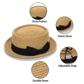 Pork-Pie-Hat-for-Men-Women Straw-Boater-Hat - Classic Boater Derby Sun Hats with Grosgrain Band