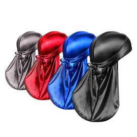 Quxyxso Silky Durag Caps Headwraps with Long Tail，4 Pack Unisex Satin Durags Wide Straps Headwraps for Men Women Pirate Caps Head Wrap Beanie Hats Waves Silky Durag Cap Black