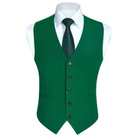 HISDERN Men's Dark Green Cotton Blend Business Formal V-Neck Suit Vest with 3 Pockets, Large