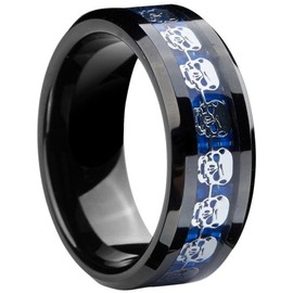 AZYOUNG Royal Blue Carbon Fiber Skulls Sheets Inlaid Tungsten Carbide Ring Men’s Wedding Engagement Band - 8MM, Metal, No Gemstone