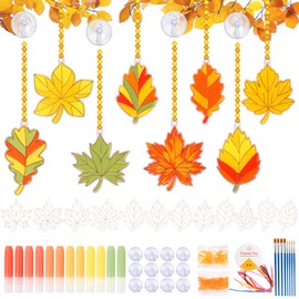 Landifor 12 pcs Leaves Craft for Kids Fall Themed Maple Leaves Suncatcher Ornament DIY Paint Maple Oak Leaves Window Art for Child Grandkid Autumn Harvest Classroom Activity Art Project Party Decor