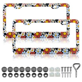 LIN KANG Retro Floral Daisy License Plate Frames - 2 Pack Flowers Car License Plate Frame, Aluminum Metal License Plate Holder Covers, Car Decorative Tag Frames with Screw Caps Set for Women