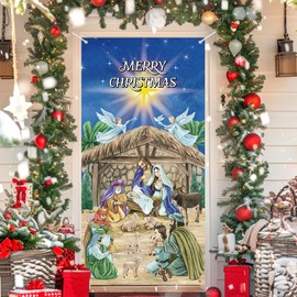 Christmas Door Cover Nativity Scene Front Door Banner Jesus Porch Sign Holy Night Religious Backdrop Christmas Fabric Door Decorations for Holiday Xmas Party Supplies Indoor Outdoor Home 35 x 70 Inch