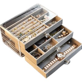 Organizador acrílico para joyas, joyero transparente con 3 cajones, joyero apilable de terciopelo, joyero multifuncional para pendientes, anillos, collares, relojes, etc, regalo para mujer (Gris)