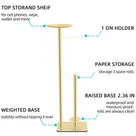 FEILERN Toilet Paper Holder Stand for Bathroom Floor Standing Toilet Roll Dispenser Storages 4 Reserve Rolls, with Top Storage Shelf for Cell Phones, Wipe, Wallet and More(Gold)