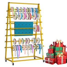 Tredre Ribbon Organizer Storage Rack, 15 Tier Metal Holder for Craft Room & Gift Wrapping – Double-Sided Vinyl Roll Display, Ideal for Ribbon, Scarves, Ties, Belts & Towels (Gold)