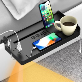 Bedside Shelf for Dorm Bunk Bed with USB Charging Port and AC Outlets, Bedside Caddy, Attachable Bedside Table, College Dorm Essential Clip On Bedside Tray, Bunk Bed Accessories, Plus Size, Black