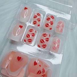 Valentine's Day Press on Nails Medium - French Tip Love Red Pink Lips Press on Nails Heart Deign, Glossy Pink Fake Nails with Glue on Nails Medium Square,Reusable Stick on Nails for Women Girls 24Pcs