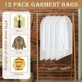 12 Pack Garment Bags for Hanging Clothes, Zippered Suit Bags for Travel, Translucent Clothing Covers (23'' x 39'')