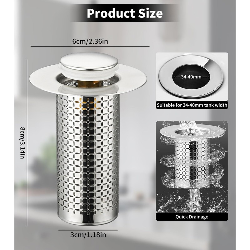 Pack of 2 Stainless Steel Pop Up Drain Strainer, Sink