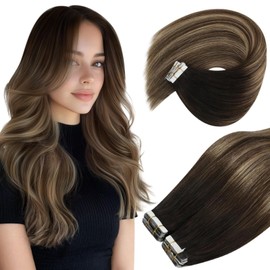 Ve Sunny Human Hair Tape in Extensions 18 Inch Invisible Tape in Hair Extensions Human Hair Natural Black Ombre Dark Brown Balayage Ash Blonde Natural Straight Tape Ins For Women Seamless 20Pcs 50g