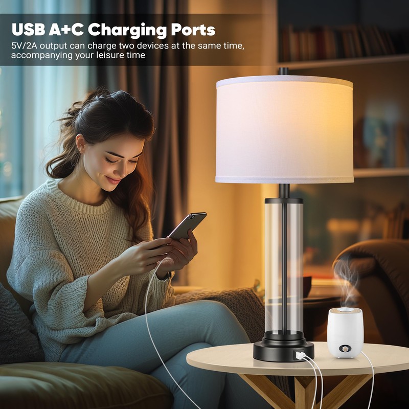 Glass Table Lamps Set of 2, Modern Black Dimmable Beside
