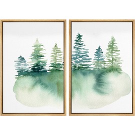SIGNWIN Framed Wall Art Woodland Nursery Decor Print Set Green & Blue Watercolor Splash Forest Nature Illustrations Modern Art Rustic Multicolor for Living Room, Bedroom, Office - 24"x36"x2 Natural