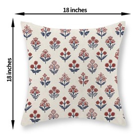 GOLIANDA Red Blue Pillow Covers 18x18 Inch Set of 2 Patriotic 4th of July Throw Pillows Vintage Flower Boho Block Print Floral Decorative Pillow Cases Outdoor Linen Cushion Cover for Couch Sofa Decor