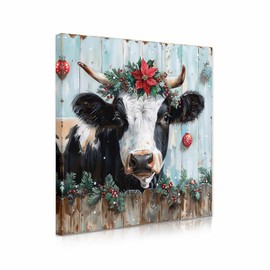 ATELIYISHU Farmhouse Christmas Wall Art Decor Vintage Cow Pictures for Living Room Farm Animal Painting Canvas Prints Home Decorations 12"×12"