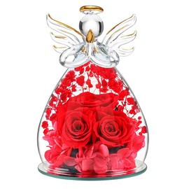 DEEMEI Preserved Real Flowers Birthday Gifts for Mom Grandma Wife Sister Pastor, Angel Figurine with Rose in Glass Cover for Easter Mother's Day Decor:_Red