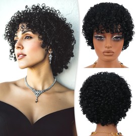 RUWISS Short Brazilian Kinky Curly Human Hair Wig Glueless Wear and Go Bob Wigs with Bangs for Women, Adjustable Cap (21.5"-23.5") Lightweight Wig Daily to Party Wear, Natural Black