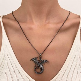 Allereya Vintage Dragon Pendant Necklace Punk Dragon Necklace Goth Antique Dragon Choker Necklace Gold Ball Chain Necklace Jewellery for Women and Girls (Gold), Zinc, No Gemstone